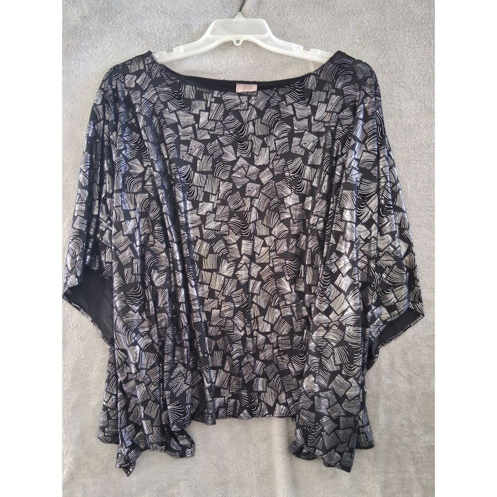 Chicos Artsy Poncho Tunic 3 Xl Metallic Silver Black Flowy Drapey Stretch Party